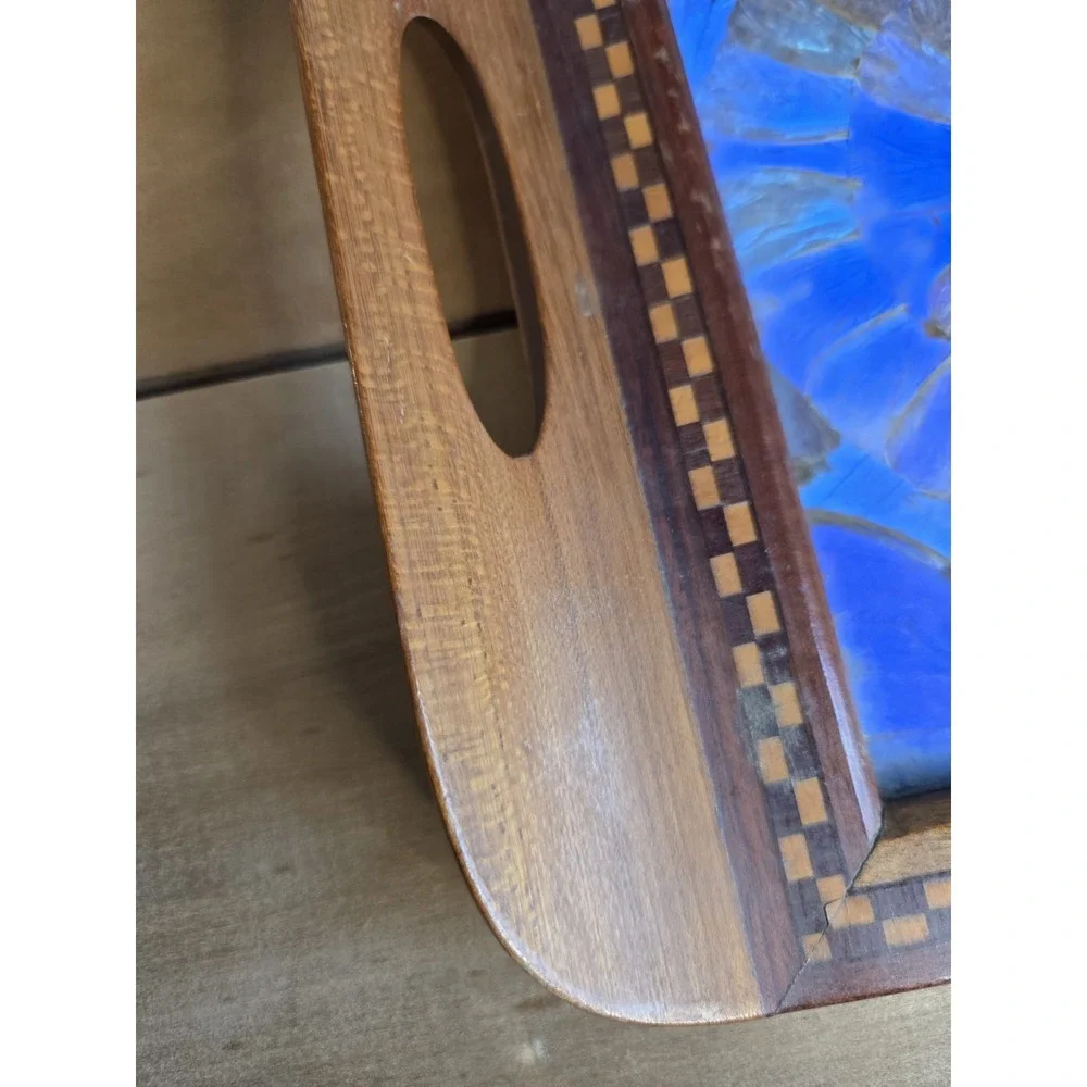 VTG MCM Brazilian Butterfly‎ Wing Inlaid Wood Serving Tray 16.5